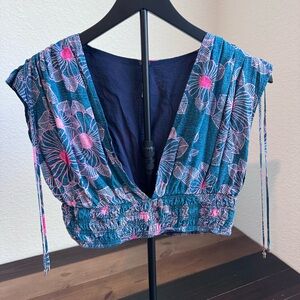 Free People Teal and Pink Floral Crop Top